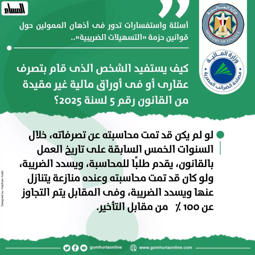 كيف يستفيد الشخص الذى قام بتصرف عقارى أو فى أوراق مالية غير مقيدة من القانون رقم ٥ لسنة ٢٠٢٥؟