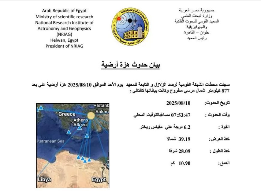 معهد البحوث الفلكية: هزة أرضية بقوة 6.2 ريختر شمال مطروح