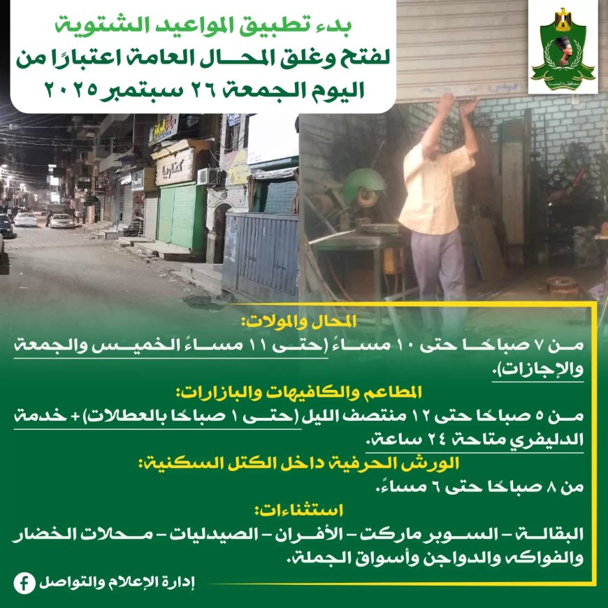 اليوم.. بدء تطبيق المواعيد الشتوية لفتح وغلق المحال العامة بالمنيا