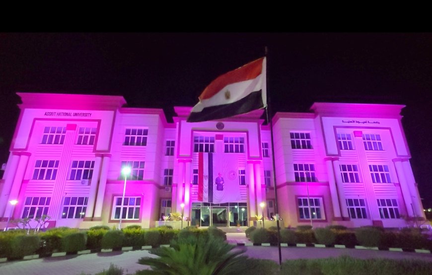 بالفيديو.. باللون الوردى.. جامعة اسيوط الأهلية تضئ ليلها برسالة أمل فى مواجهة سرطان الثدى